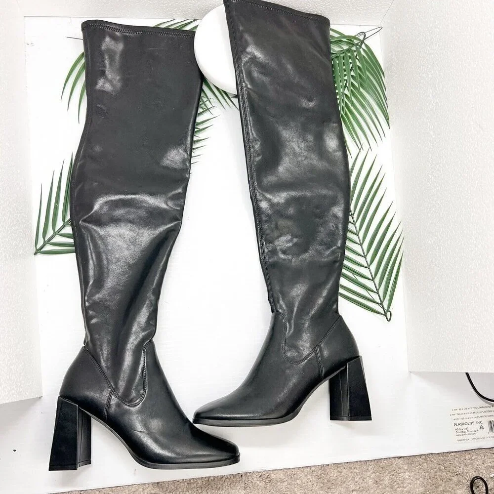 Open Edit Briar Black Faux Leather Square Toe Over Knee Boots Size 7M NWOB